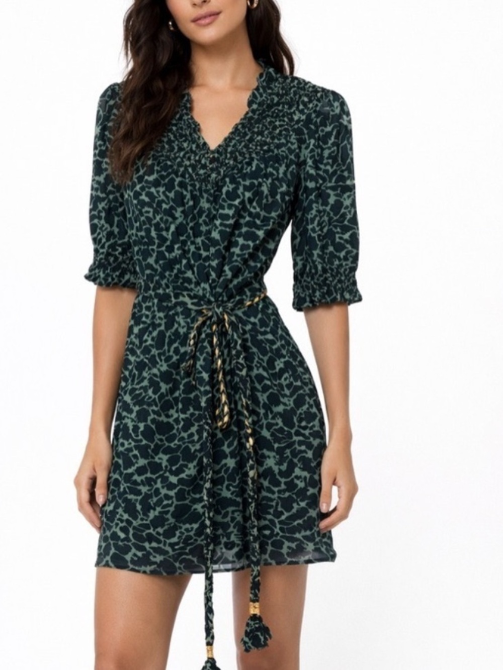 Olivia James the label Dark Green Printed Smocked Mini Dress, Size Small